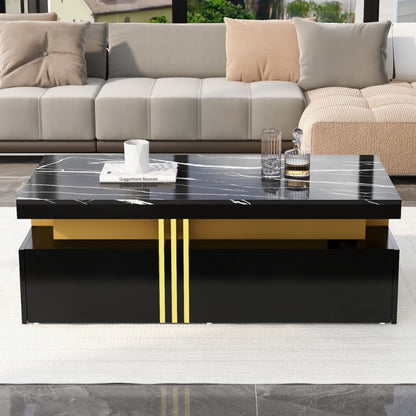 Moderne Salontafel – Koffietafel – Bijzettafel – Nachtkastje – Side Table – Marmerlook Hoogglans – 100x50x40 cm – 2 Lades & Metalen Frame