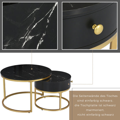 Ronde Bijzettafels – Salontafel – Side Table – Nesting Tafels – Koffietafel – Hoogglans Marmerprint – Nestingssysteem voor Ruimtebesparing – MDF Metalen Frame Zwart