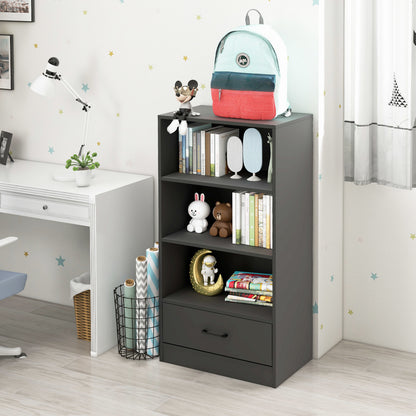 Four-Tier Bookcase with Drawer, Freestanding Display Bookshelf with three Open Shelves Drawer