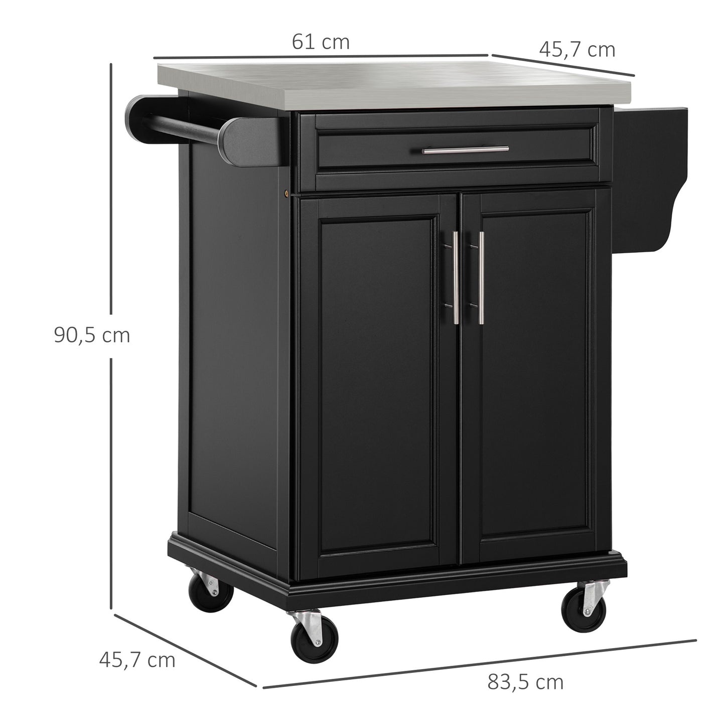 Keukentrolley – Serveerwagen – Keukenkast – Opbergtrolley – Werktafel – RVS Werkblad – Zwart Hout – 2-Deurs Kast – Zwenkwielen Met Rem