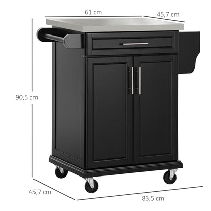 Keukentrolley – Serveerwagen – Keukenkast – Opbergtrolley – Werktafel – RVS Werkblad – Zwart Hout – 2-Deurs Kast – Zwenkwielen Met Rem