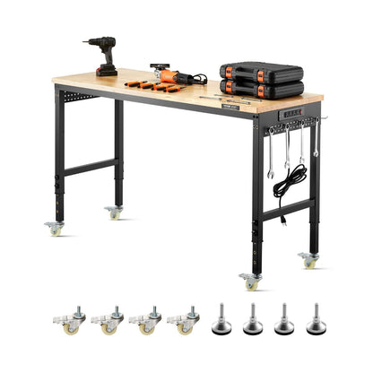 Werkbank – Werktafel – Werkbank Op Wielen – In Hoogte Verstelbaar – Klusbank – Massief Eiken Hout Werkblad – Ingebouwd Stopcontact Met USB-poorten