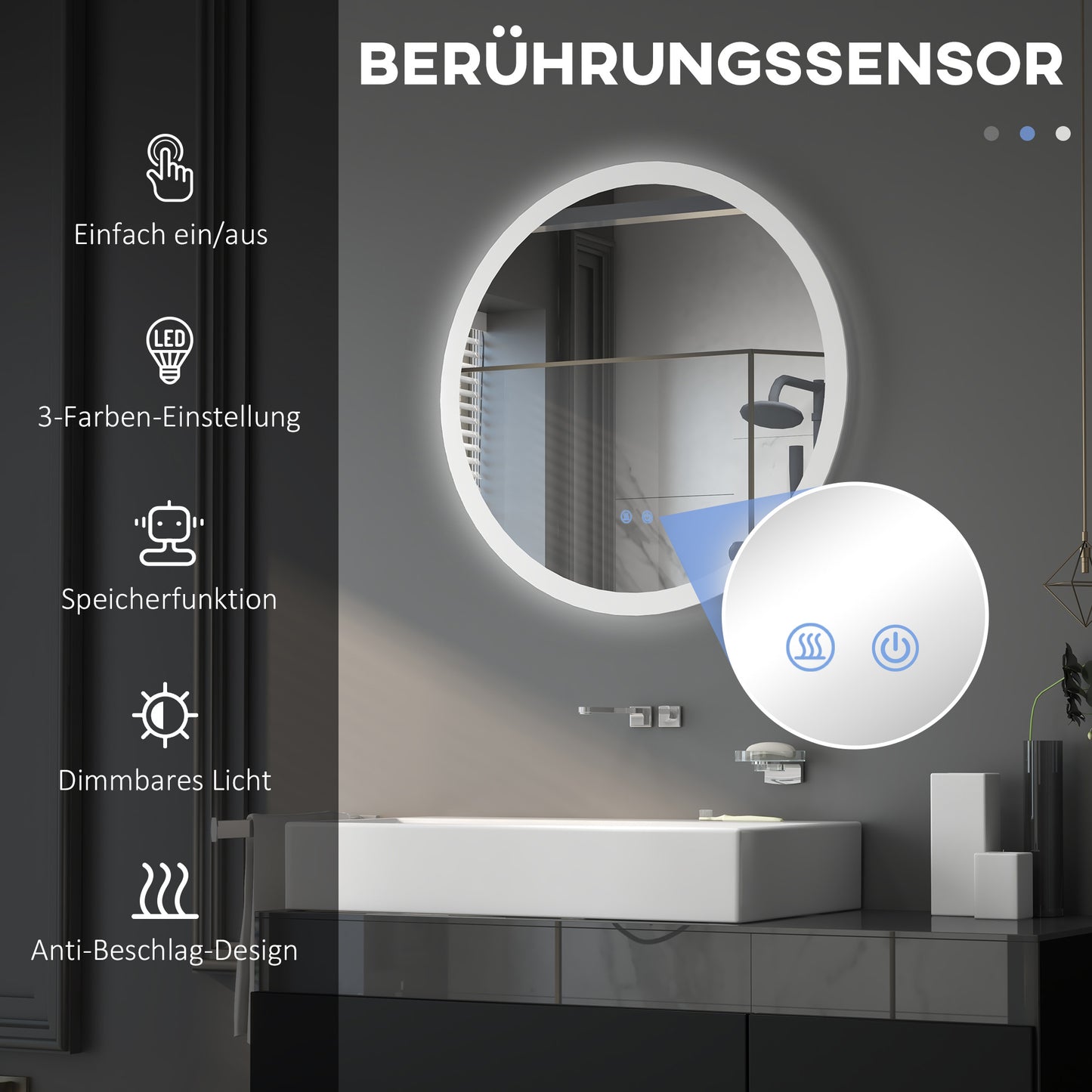 Badkamerspiegel – Wandspiegel – Spiegel – Make-upspiegel – Scheerspiegel – LED-Verlichting – Antidampfunctie – Wit met Zilverkleurige Accenten