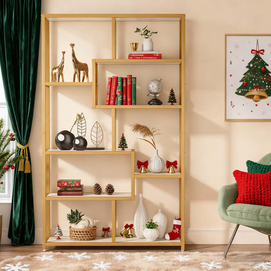 Boekenkast – Boekplank – Openkast – Vakkenkast – Wandrek – Wit Marmer/Goud – 8 Open Planken – Stevig Metalen Frame 180 cm