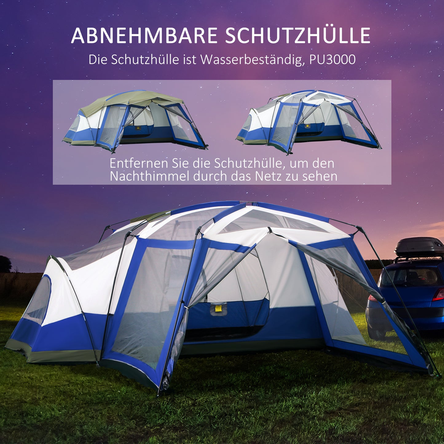 Familietent – Kampeertent – Trektent – Festivaltent – Dome Tent – Waterdicht PU 3000mm – Ruim voor 6-8 Personen – Blauw
