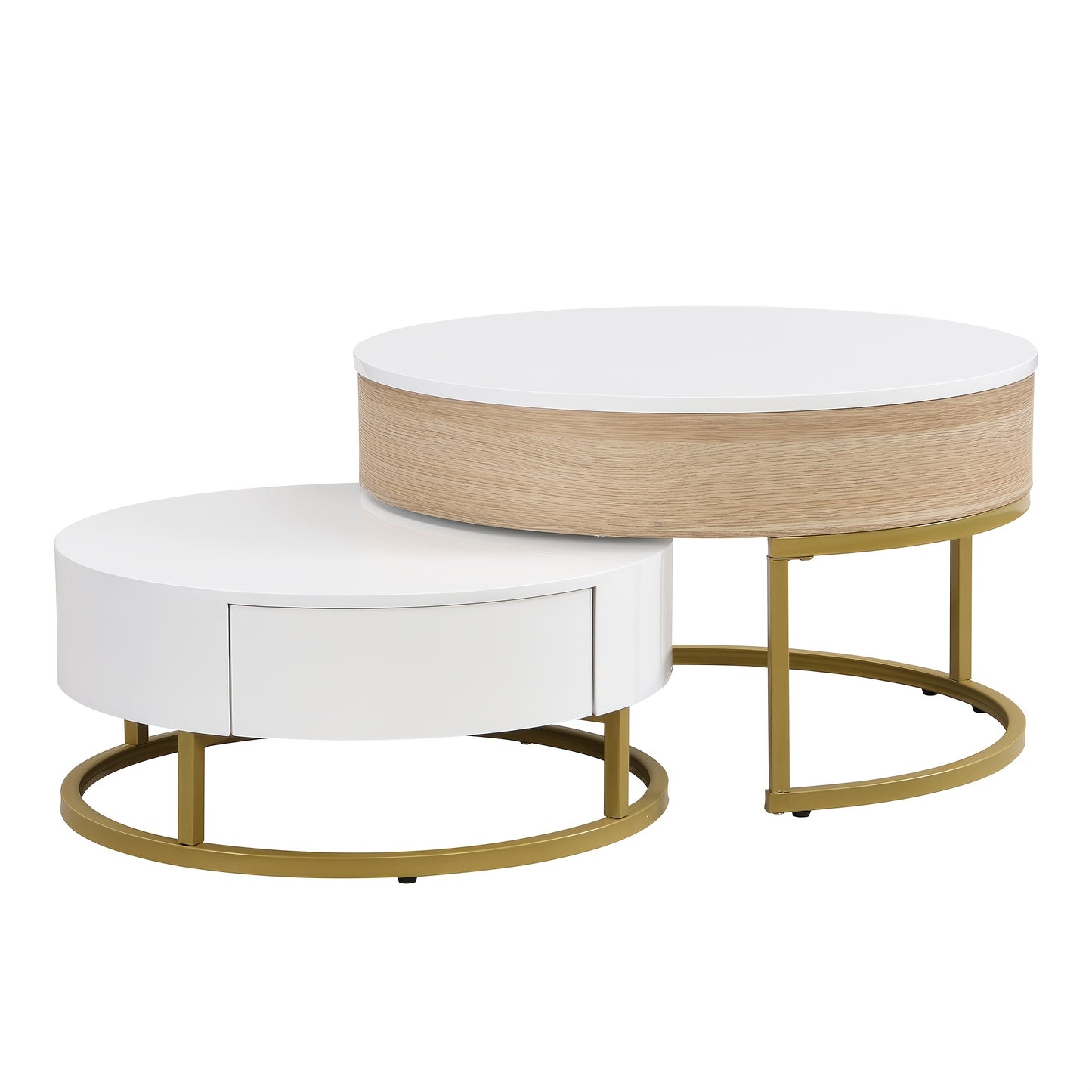 Bijzettafels – Salontafel – Side Table – Nesting Tafels – Opbergtafel – Houten Set – Inklapbaar Ontwerp – Opberglades – Wit Met Gouden Accenten