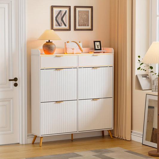 Schoenenkast – Schoenenrek – Schoenenopberger – Schoenenbank – Halmeubel – Wit – 4 Klepdeuren – Glazen Bovenblad – Ruimtebesparend – Massief Hout