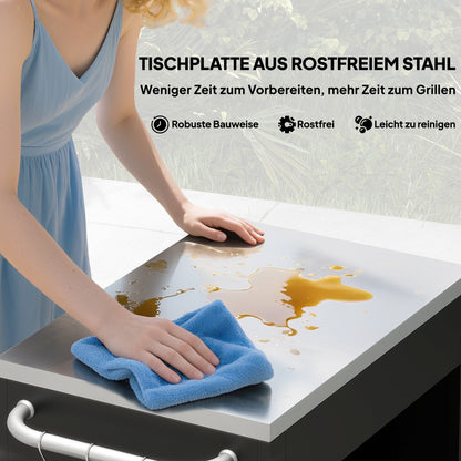 Keukentrolley – Serveerwagen – Werktafel – Barbecuewagen – Keukenwagen – Zwart – RVS Werkblad – Vier Wielen Mobiel