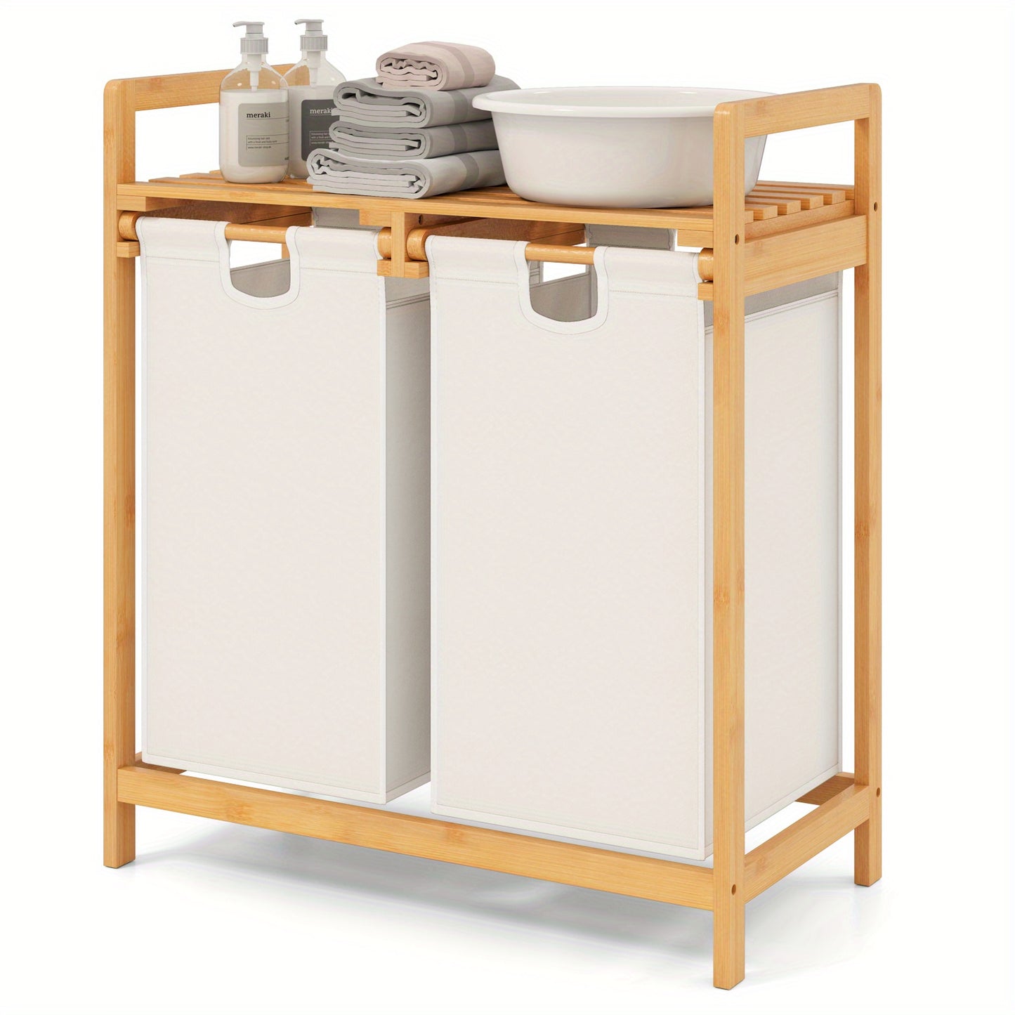 Wasmand – Wasbak – Wasmand Met Vak – Wascontainer – Waskrat – 3 Compartimenten – Bamboe Met Plank – Afneembare Waszakken