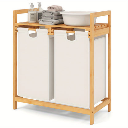 Wasmand – Wasbak – Wasmand Met Vak – Wascontainer – Waskrat – 3 Compartimenten – Bamboe Met Plank – Afneembare Waszakken