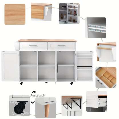 Keukentrolley – Serveerwagen – Keukenwagen – Opbergtrolley – Mobiele Kast – Wit – Massief Houten Werkblad – Verstelbare Voeten – 129x46 cm – Verrijdbaar Met Remmen