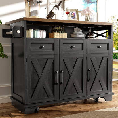 Modern Kitchen Island Cart 118x43x80x98cm - Metal Frame with Wood Grain Black Finish, 4 Locking Wheels, Removable Partitions & Towel Holder, Multifunctional Storage Cabinet for Dining & Living Spaces, Kitchen Furniture, Versa