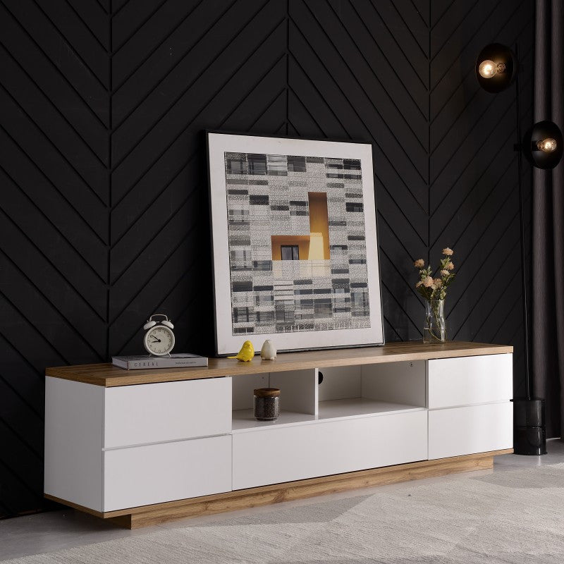 TV-kast – TV-meubel – Mediakast – TV-dressoir – Wandmeubel – Wit met houtstructuur – 180 cm breed – MDF materiaal