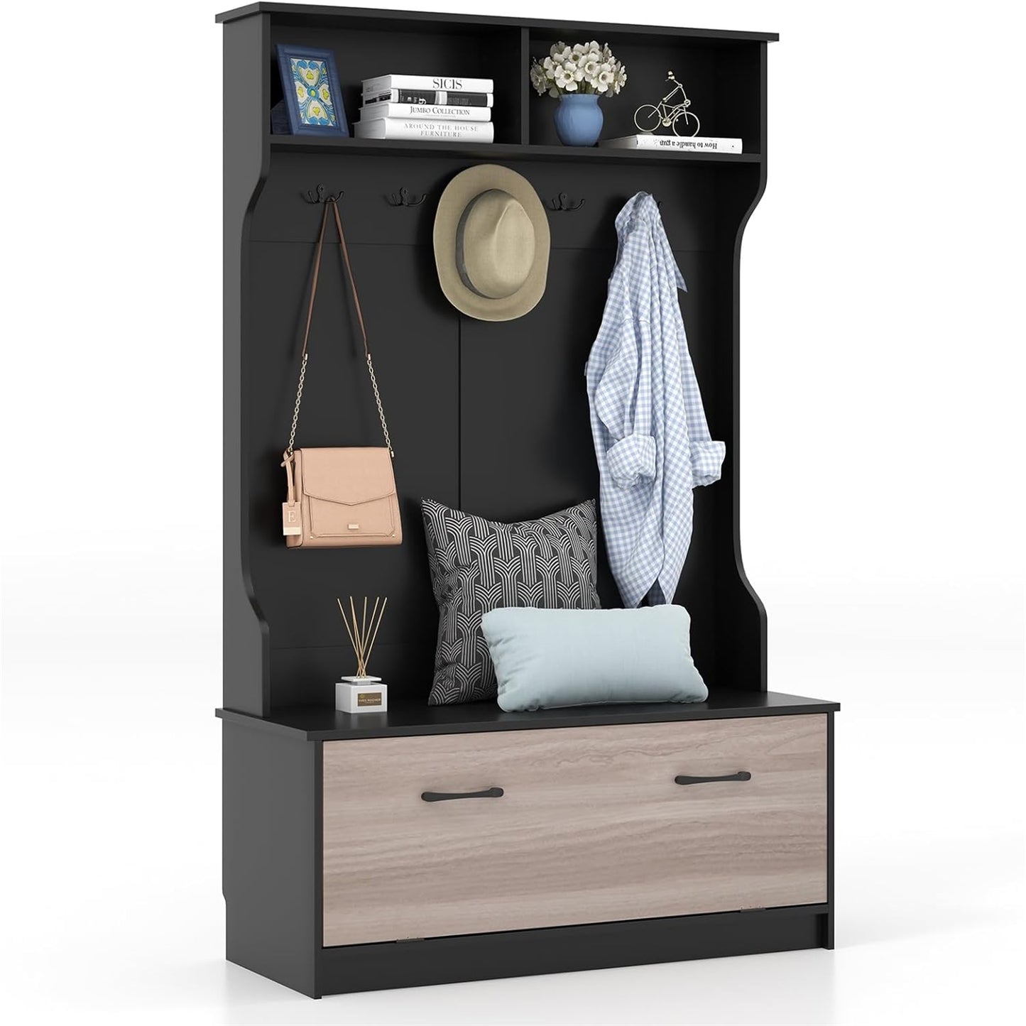 Garderobekast – Kapstok – Wandmeubel – Schoenkast – Opbergkast – Met 5 Dubbele Haken en Zitbank – Robuust Hout & Compact 100x40x160 cm
