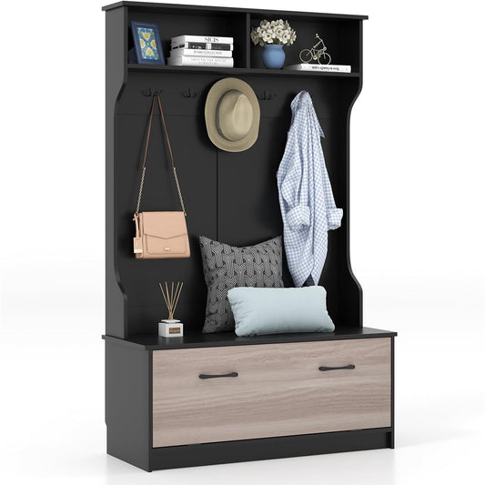 Garderobekast – Kapstok – Wandmeubel – Schoenkast – Opbergkast – Met 5 Dubbele Haken en Zitbank – Robuust Hout & Compact 100x40x160 cm