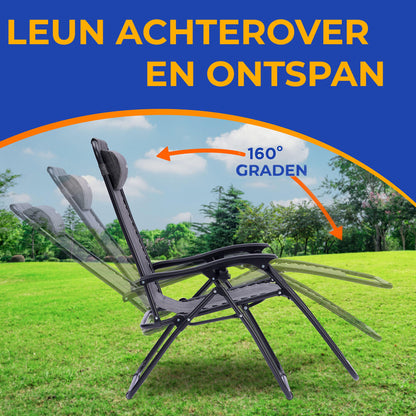 Loungestoel – Fauteuil – Relaxstoel – Tuinstoel – Verstelbare Stoel – Set van 2 – Weerbestendig Staal – Inclusief Bijzettafel met Bekerhouders