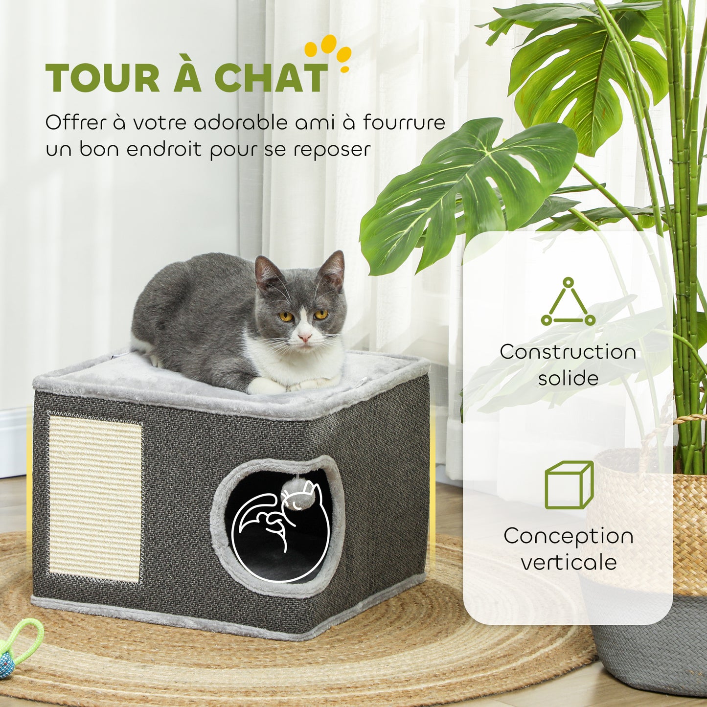 Krabton Kattenhuis Kattenkrabpaal Kattenmeubel Kattenhoek – Donkergrijs – Inclusief 2 Kussens – Sisal Krabvlak – Compact 45x45x35 cm – Pluche Zacht