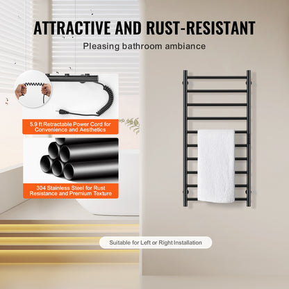 Elektrische Handdoekwarmer – Handdoekradiator – Handdoekdroger – Badkamerradiator – Wandmontage – Mat Zwart – 10 Stangen – Instelbare Timer & 5 Warmtestanden