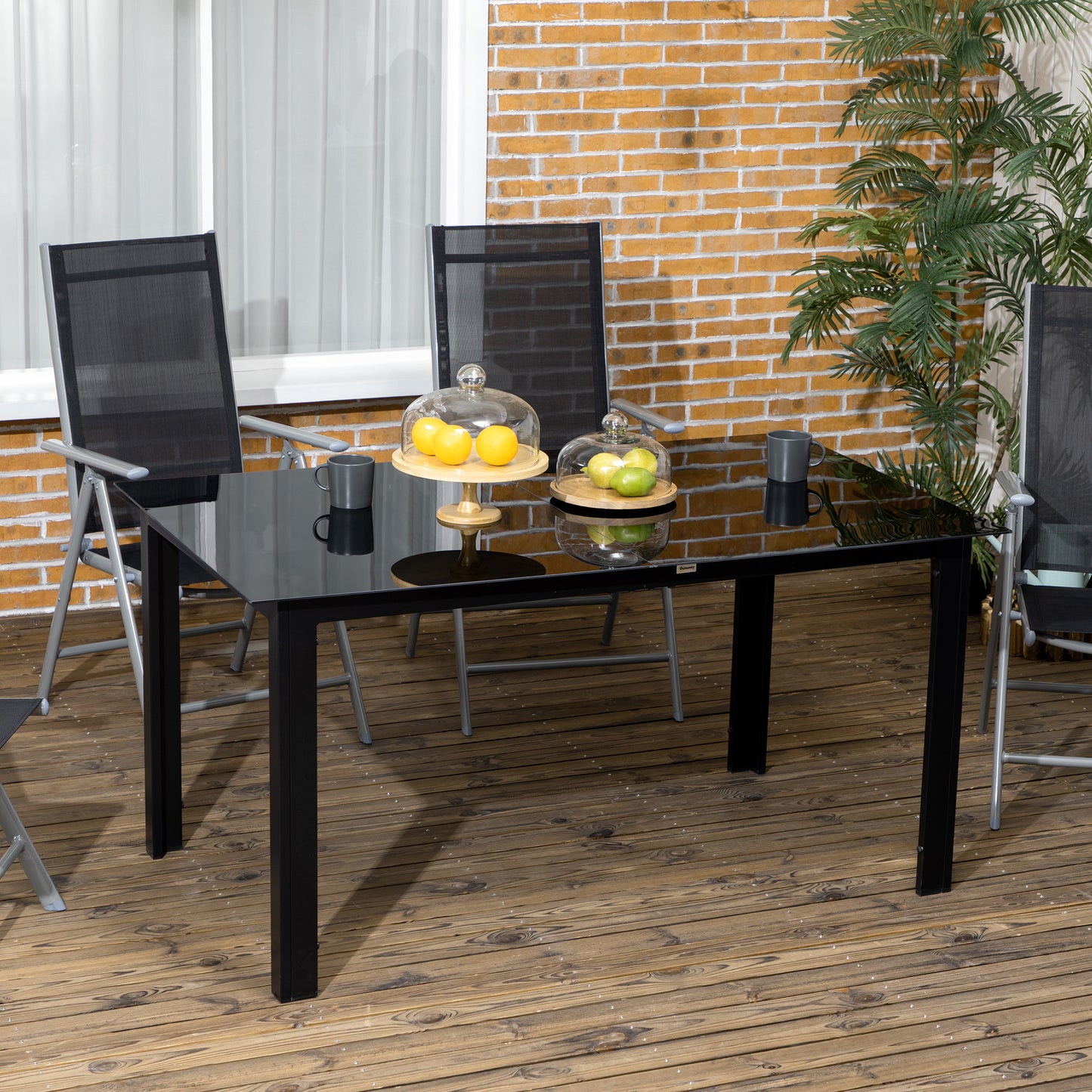 Aluminium Tuintafel – Terrastafel – Balkontafel – Tuinmeubel – Buiten Tafel – Gehard Glasblad – 6 Personen – Zwart – Weerbestendig – Verstelbare Antislipvoeten
