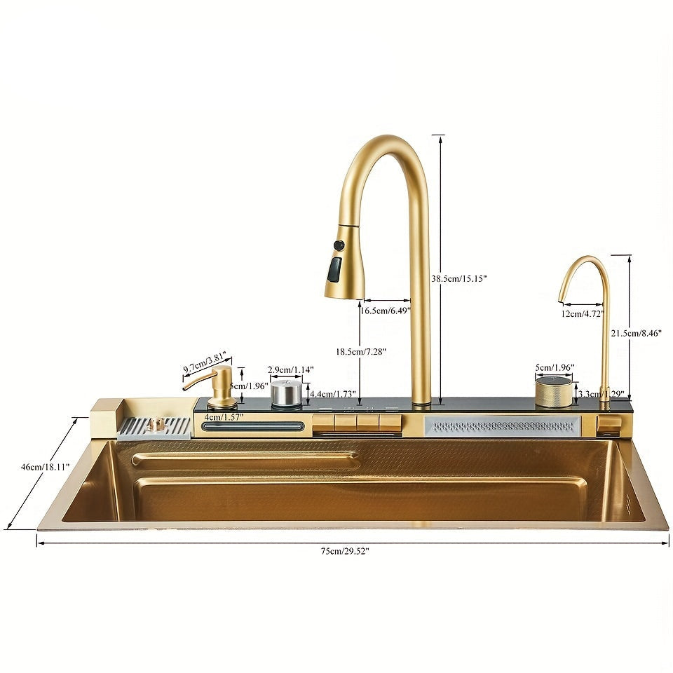 Keukenspoelbak – Gootsteen – Wasbak – Spoelbak – Enkele Bak – 74,9 cm – Gouden Geborsteld RVS – Nanocoating – Undermount Met Afvoer Rechts