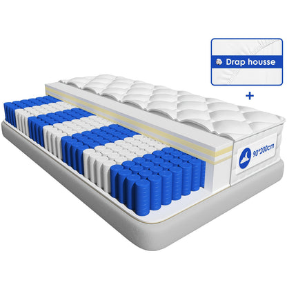 Carroltt Mattress 90x200/140x200cm, Pocket Spring Mattress, 7-zone 22cm High, Spring Mattress with Fitted Sheet H3