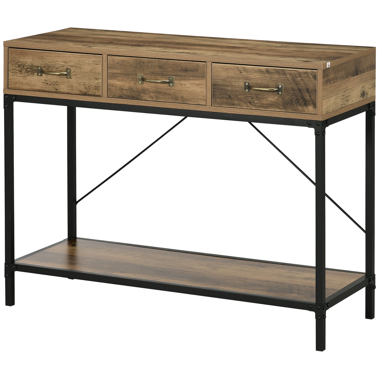 HOMCOM Console Table, Entryway Table, Sofa End Table, Carbon Steel Frame, Easy Assembly, with 3 Drawers And 1 Wooden Top, Industrial Design, 100 X 35 X 76.5 Cm, Light Brown