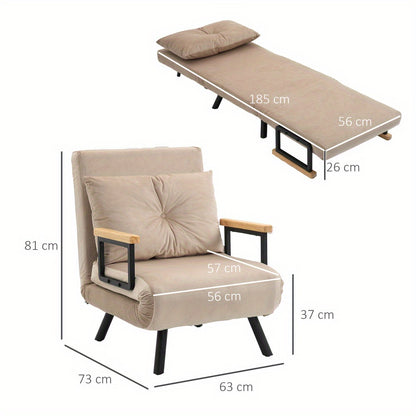 Sofa Fauteuil – Slaapstoel – Relaxstoel – Logeerbed – Velvet Zetel – Verstelbare Rugleuning – Beige Velvet Bekleding – Compact 63x73x81 cm