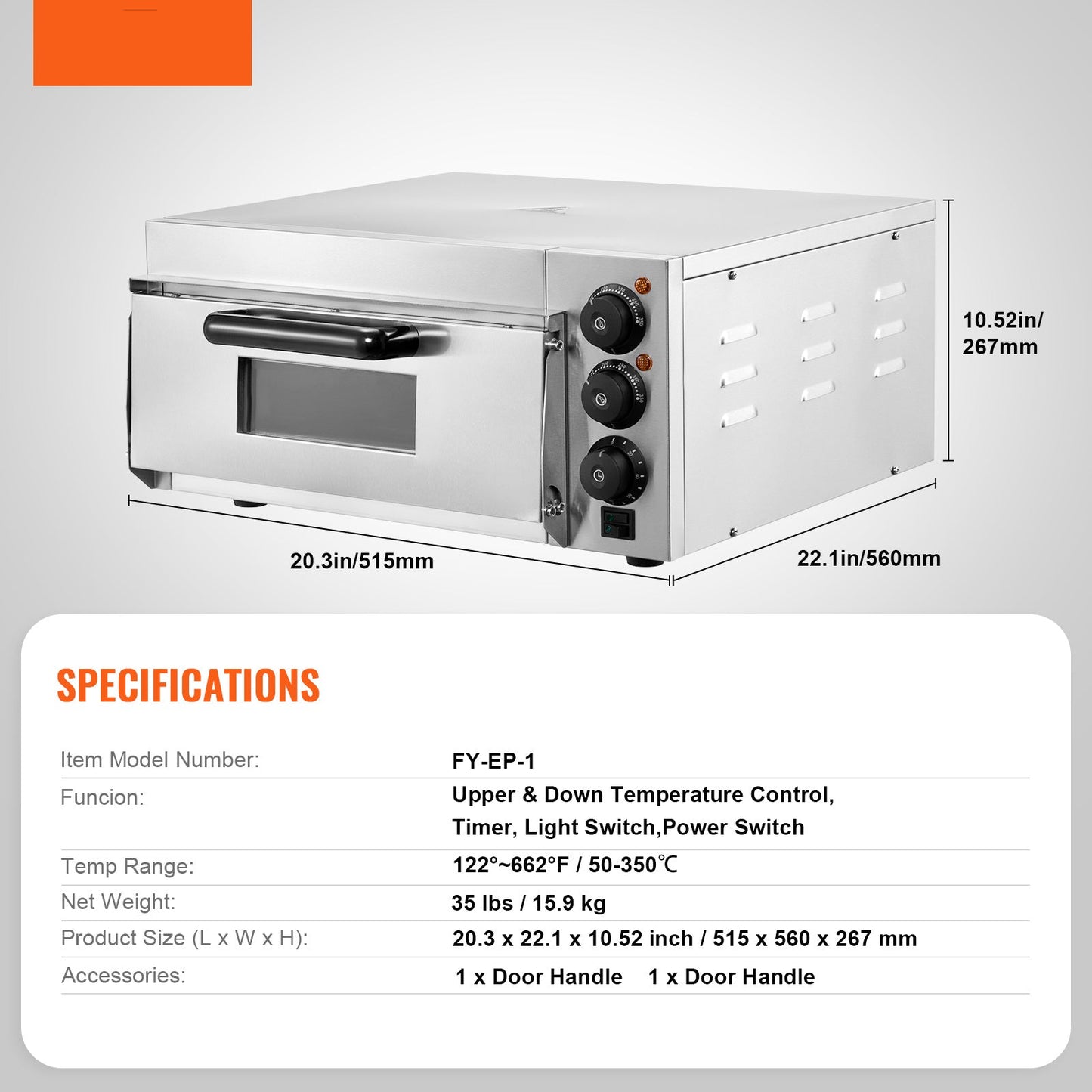 Elektrische Pizzaoven – Pizzaoven Oven Fornuis Bakoven – Pizzafornuis Keukenoven – RVS 40,6 cm – 360° Warmtecirculatie – Instelbare Temperatuur 50-350°C