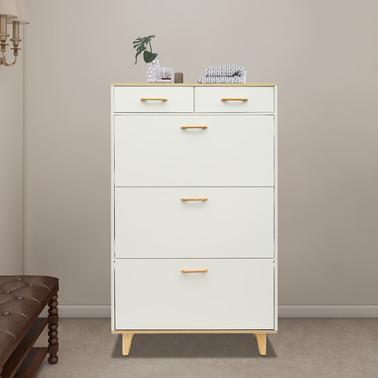 Schoenenkast – Schoenenrek – Schoenopberger – Schoenenkastje – Schoenenmeubel – Warm Wit Hout met Gouden Accenten – Ruim met 15 Paar Schoenen Capaciteit en Dubbele Lades