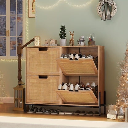 Schoenenkast – Schoenenrek – Schoenenopberger – Schoenenbank – Halkast – Smal Model – Rattan Materiaal – 8 Verstelbare Vakken – Compact 100x24x88 cm