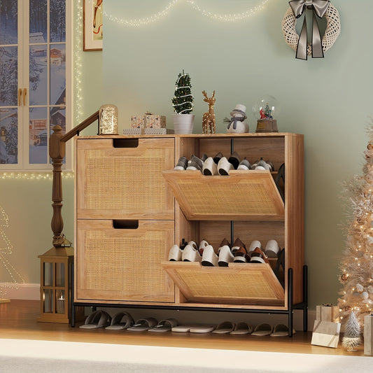 Schoenenkast – Schoenenrek – Schoenenopberger – Schoenenbank – Halkast – Smal Model – Rattan Materiaal – 8 Verstelbare Vakken – Compact 100x24x88 cm