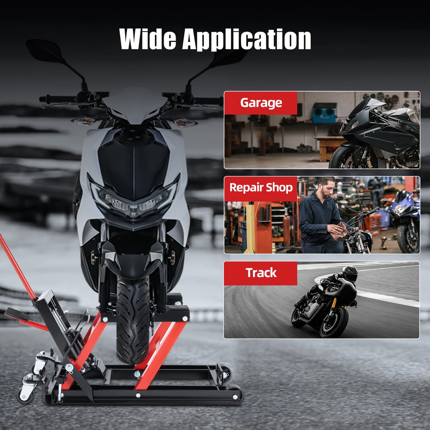Motorfietsbrug – Motorlift – Hydraulische Motorbrug – Motorkrik – Werkplaatsbrug – 680 kg Belastbaar – Robuust Koolstofstaal Frame – Rood – Verstelbare Hefhoogte – 4 Zwenkwielen