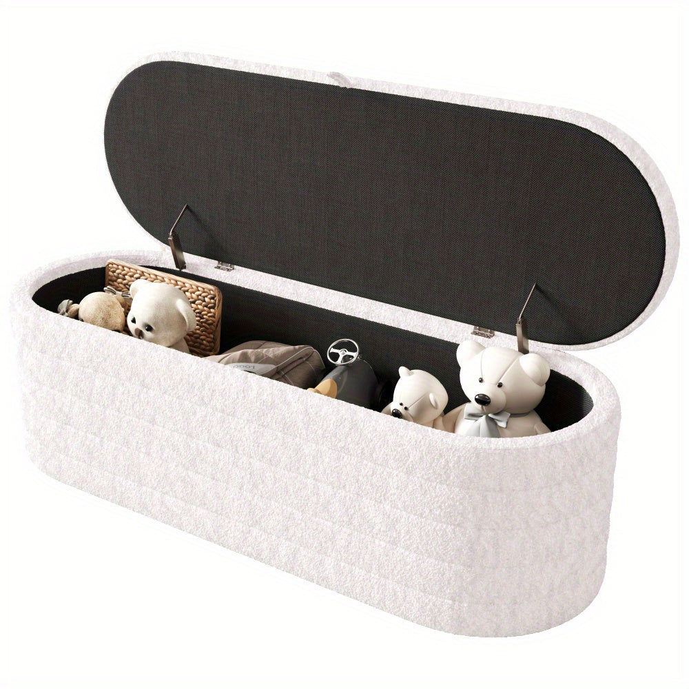 Bankje Met Opbergruimte – Puf – Zitzak – Poef – Hocker – Wit Teddyfleece – 120x40 cm – Zacht En Praktisch
