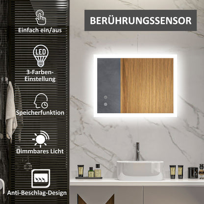LED Badkamerspiegel – Spiegel, Verlichte Spiegel, Make-up Spiegel, Badkamer Spiegel – Wit Zilver – 80 x 60 cm – Touch Bedieningspaneel – Anti-condensfunctie