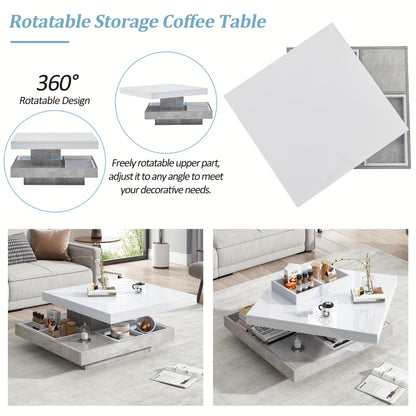 Coffee Table, Functional Double Coffee Table, High-gloss Tabletop Tabletop can be swivelled 360°, Double Swivel Tabletop with Storage Compartment, 70*70*36cm