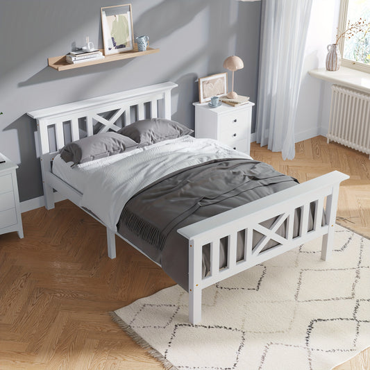 Bed frame, single bed, bed consisting of bed frame and slatted bed frame with headboard - 90 x 200cm, adult bed, white