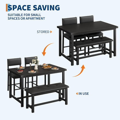 Eettafelset – Eetkamerset – Keukentafelset – Zitgroep – Meubelset – Rechthoekig – Zwart Hout – Inclusief 2 Gestoffeerde Stoelen en Bank – Compact Voor 4 Personen