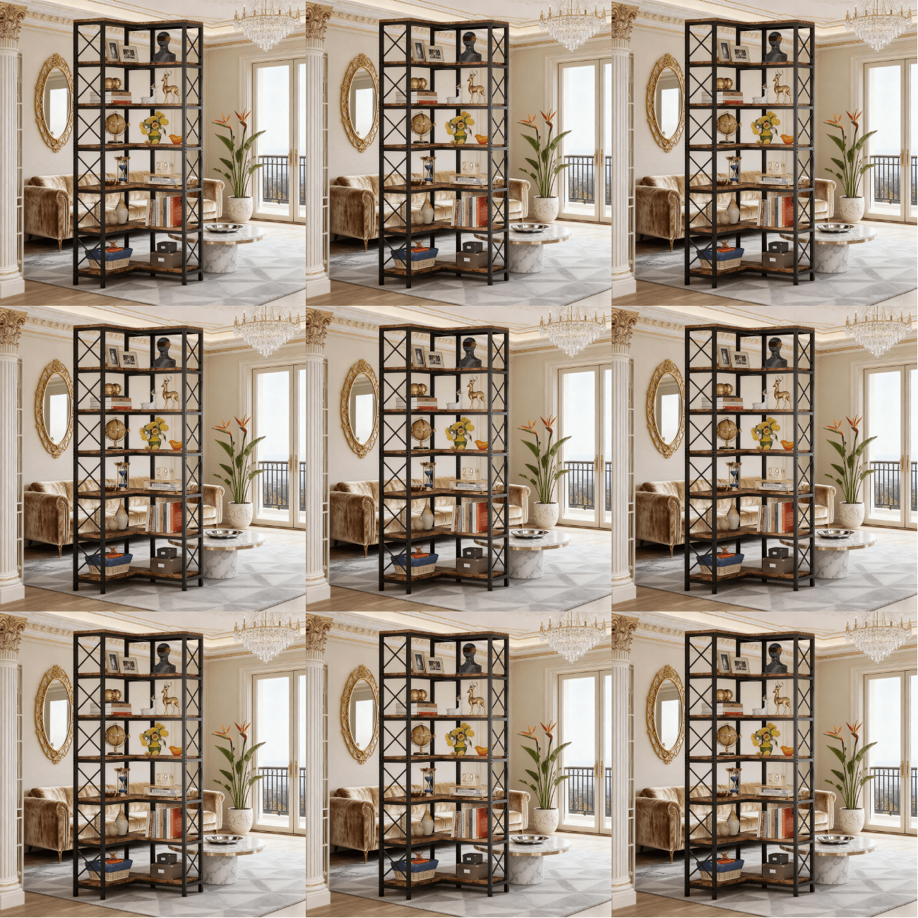 Hoekboekenkast – Vakkenkast – Opbergkast – Boekplank – Hoekrek – 7-laags – Metaal en Hout – Ruimtebesparend – Rustiek Bruin