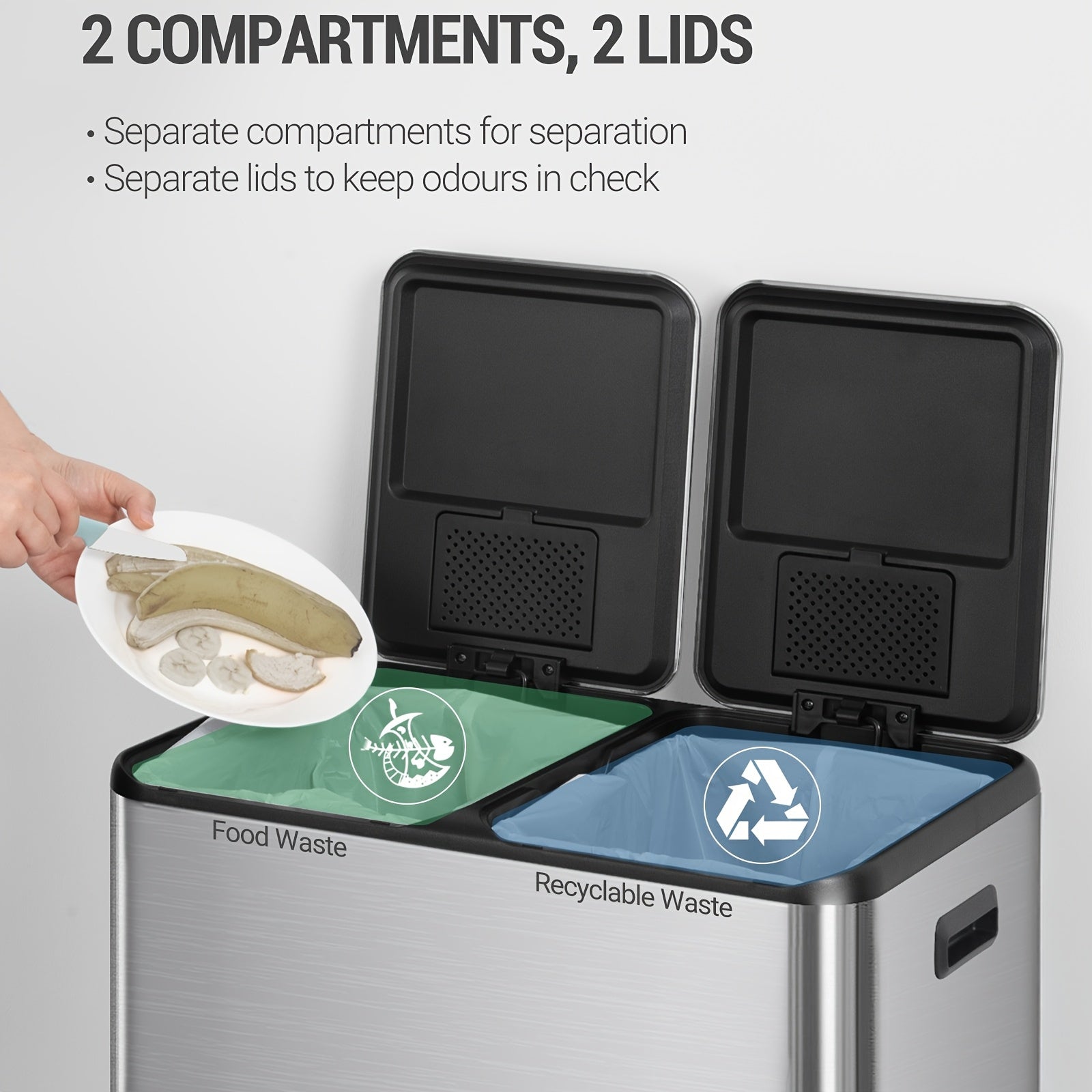 Rubbish Bin, Kitchen Pedal Bin, 60L ( 2 X 30 L ), Stainless Steel Waste Sorting System, Silent Slow Lid Closure, With 15 Exclusive Bags, Silver - QUORE