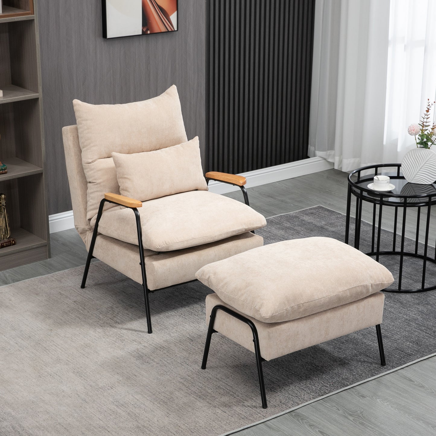 Relaxfauteuil – Lounge Fauteuil – Relaxstoel – Leunstoel – Beige Velours – Verstelbare Rugleuning Tot 155° – Zwarte Stalen Onderstel Met Hevea Houten Armleuningen