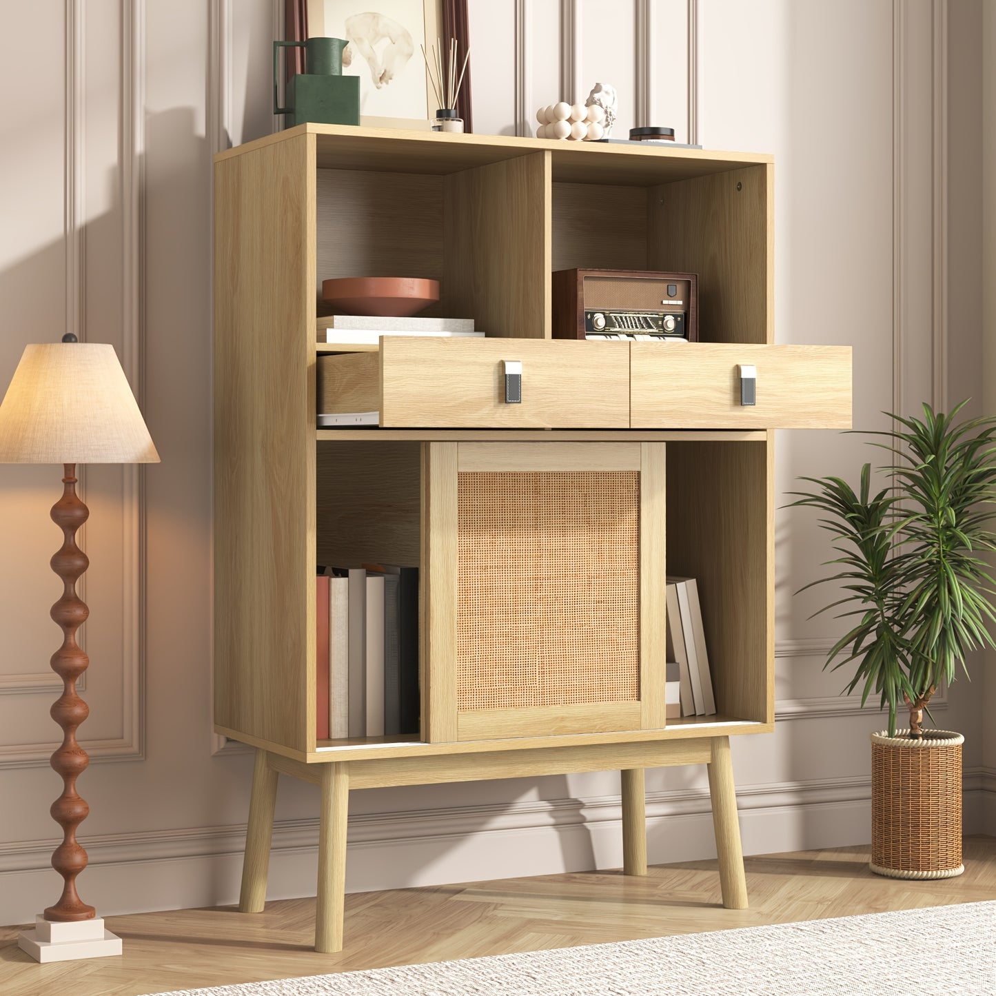 Nachtkastje – Ladekast – Opbergkast – Wandkast – Dressoir – Gevlochten Rattan – 80x39,5x120 cm – 2 Lades & 2 Open Vakken – Modern Design
