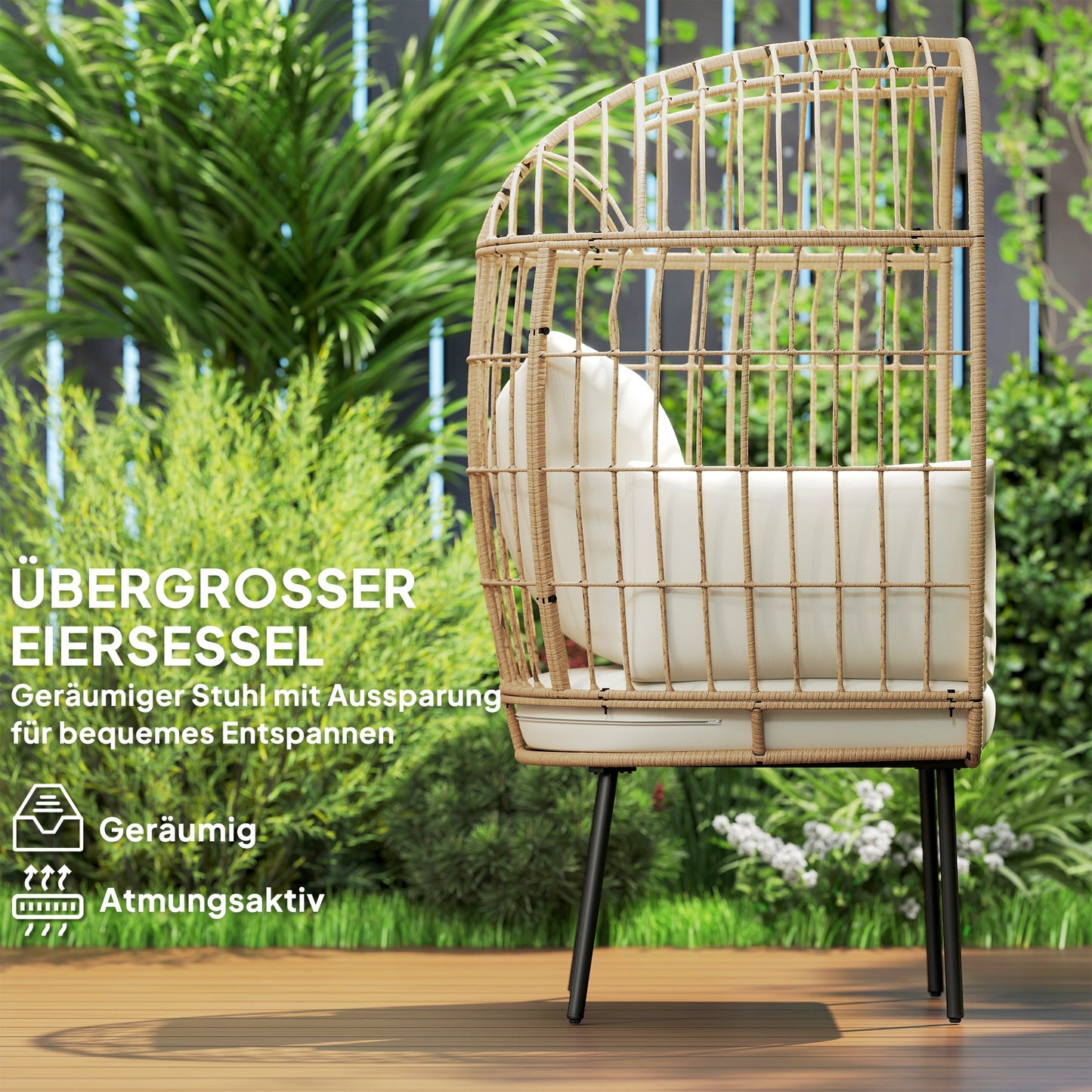 Rotan Ei-Stoel – Rattan Stoel – Tuinstoel – Buitenzetel – Lounge Stoel – Beige – Handgevlochten Rotan – Afneembaar Gewatteerd Kussen – 95x80x155 cm