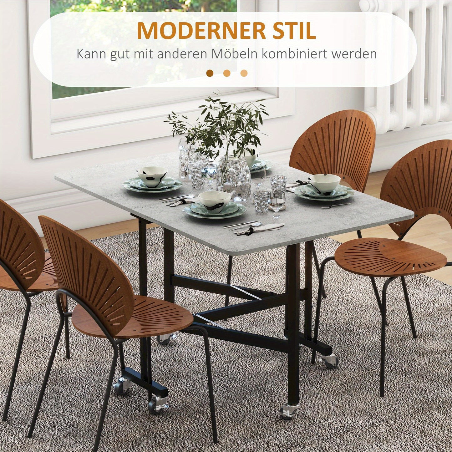 Uitklapbare Eettafel – Vouwtafel – Klaptafel – Keukentafel – Tafel Met Stalen Poten – Voor 4-6 Personen – Ruimtebesparend Hardhouten Blad – Met Zwenkwielen