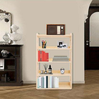 5-Tier Heavy-Duty Standing Bookshelf with Sturdy Metal-Reinforced Shelves - Natural Pine Wood Freestanding Storage Shelf, 68.58cm Tall Bookcase with 50Kg Capacity, Easy Assembly for Conference Room, Office, Storage Room - Mod