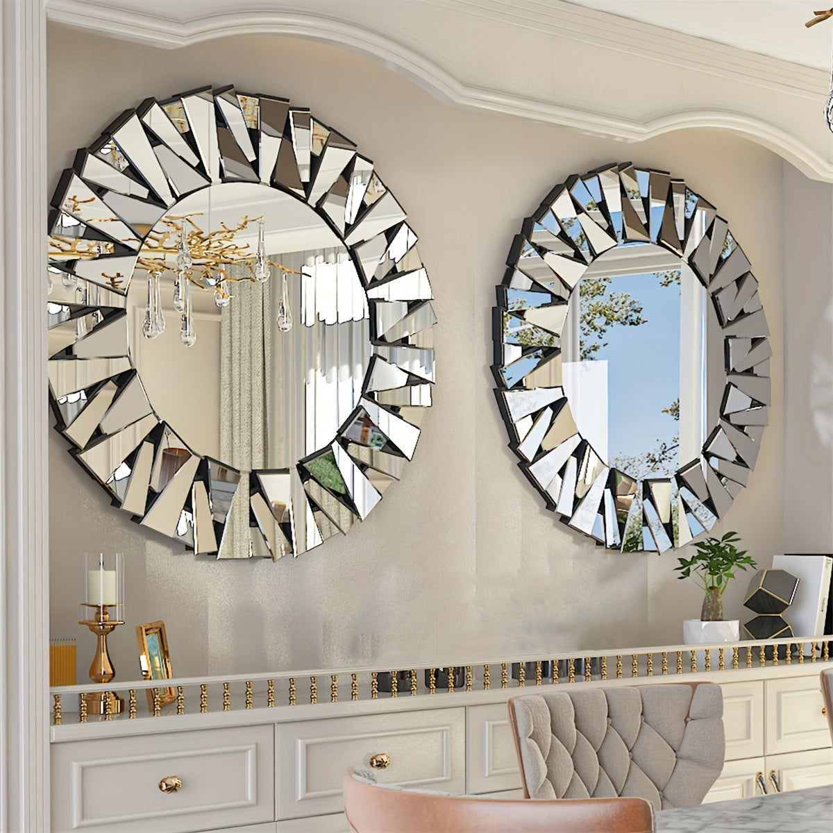 Decoratieve Ronde Spiegel – Wandspiegel – Accentspiegel – Badkamerspiegel – Woonkamer Spiegel – 80x80 cm – Silvery Glas – Zonnestraal Design