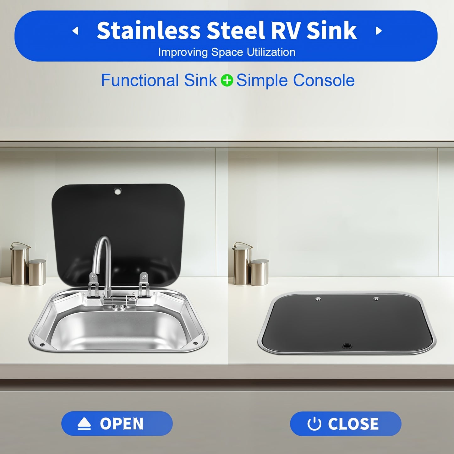 RVS Camper Wasbak – Keukenspoelbak – Bootspoelbak – Vouwkraan – Spoelbak Met Glasplaat Deksel – Compact Formaat – Gemaakt Van Roestvrijstaal