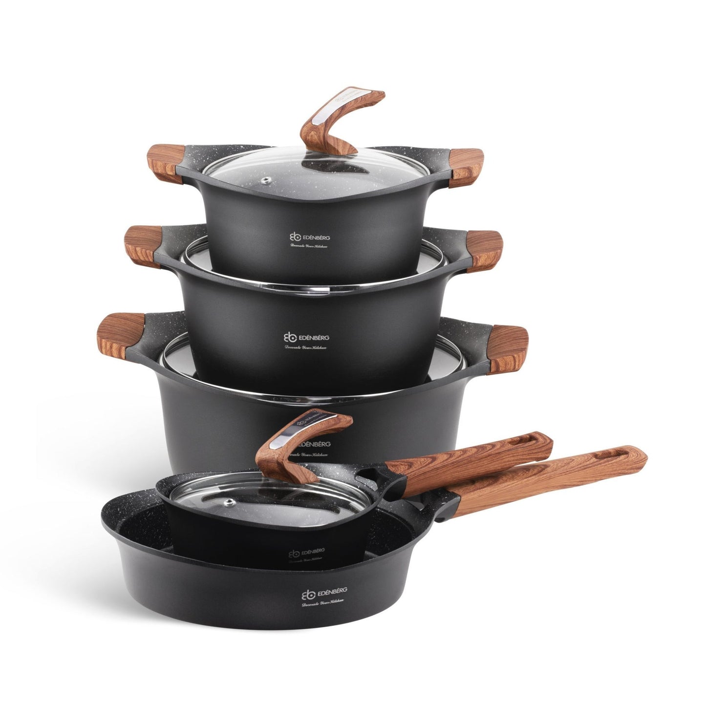 15-Delige Pannenset – Kookpotten – Kookpannen – Inductiepannen – Braadpannen – Inductiegeschikt – Marmeren Non-Stick Coating – Aluminium Met Softgrip Handvatten