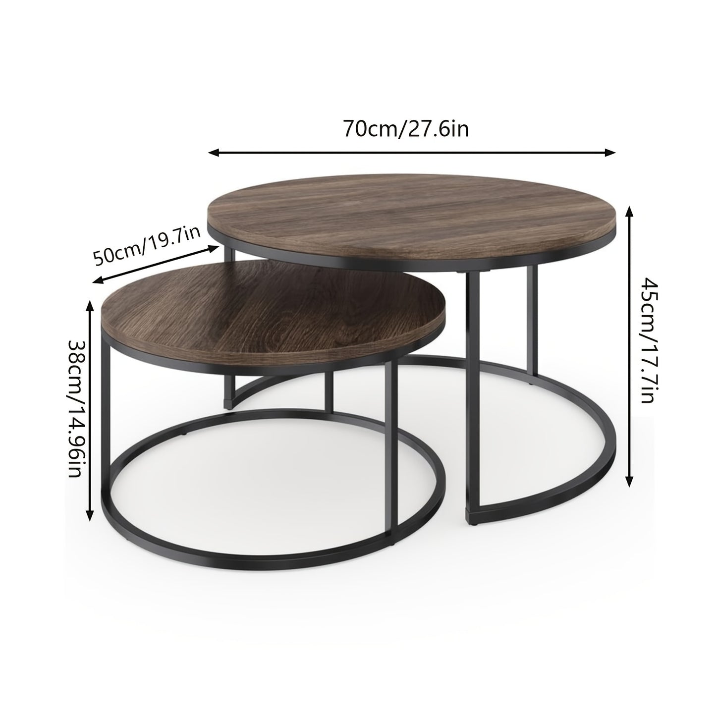 Salontafelset – Koffietafel – Bijzettafel – Nesting Tafels – Ronde Tafel – Retro Stijl – Metaal & Houtlook – Set van 2 - 70 & 50 cm