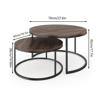 Salontafelset – Koffietafel – Bijzettafel – Nesting Tafels – Ronde Tafel – Retro Stijl – Metaal & Houtlook – Set van 2 - 70 & 50 cm