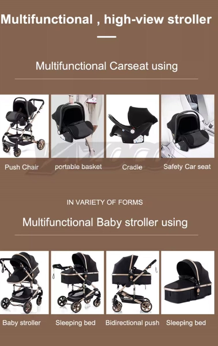 Multifunctionele 3-in-1 Combi Wandelwagen - Opvouwbare Wandelwagen - Autostoel - Inclusief Mamatas - Zwart Goud